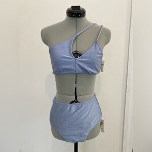NWT Aerie Bikini - Size Medium - Ribbed, High Waisted & Asymmetrical, Dusty Blue